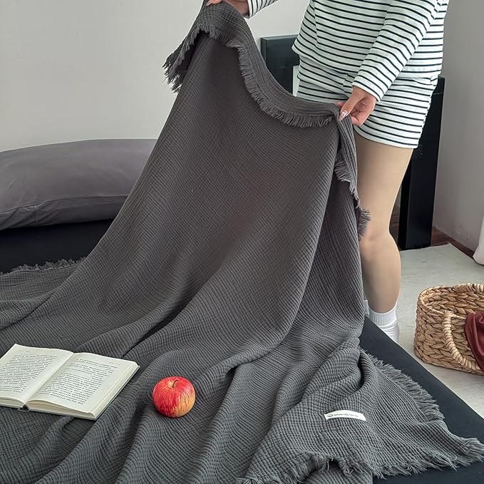 MorroMorn 100% Cotton Queen Size Bed Blanket 80"x90" Muslin Blanket with Fringes, 4-Layer Gauze Blankets for Adult, Boho Bedding Breathable Lightweight Ultra-Soft for All Seasons, Dark Grey