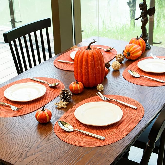 Noctiflorous Oval Braided Placemats Set of 4 Woven 12x18 Inch Non Slip Washable Heat Resistant Place Mats Tablemats for Dining Kitchen Party Daily Table Decor Dinner Mats (Fall Orange, 4)