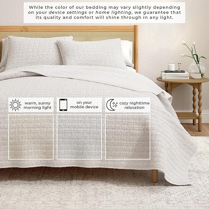 Great Bay Home King Size Light Grey 100% Cotton Honeycomb Waffle Quilt and Sham Set - Garment Washed, Waffle Weave Like Texture, Lightweight 3-Piece Bedding Set