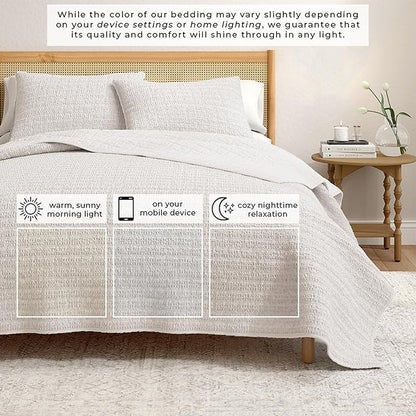 Great Bay Home King Size Light Grey 100% Cotton Honeycomb Waffle Quilt and Sham Set - Garment Washed, Waffle Weave Like Texture, Lightweight 3-Piece Bedding Set