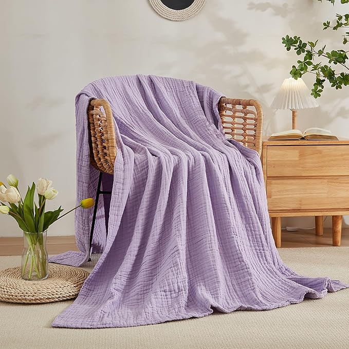 EMME Cotton Blanket Queen Size for Bed Soft Large Muslin Bed Blankets 90"x90" Lightweight Breathable All Season Gauze, Lavender