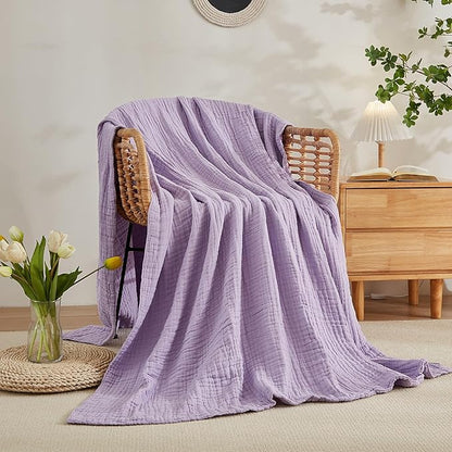EMME Cotton Blanket Queen Size for Bed Soft Large Muslin Bed Blankets 90"x90" Lightweight Breathable All Season Gauze, Lavender