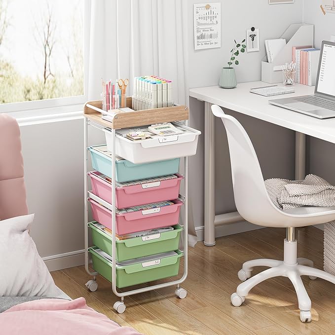 Rolling Storage Utility Cart With 6 Drawers,Art Supply Craft Organizer,Sewing Makeup Organizer And Storage,Office Organization Wooden Tabletop,Colorful