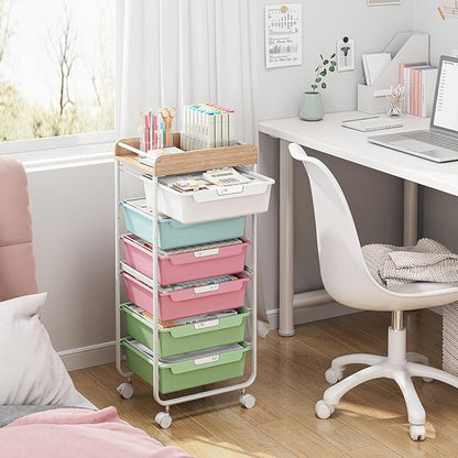 Rolling Storage Utility Cart With 6 Drawers,Art Supply Craft Organizer,Sewing Makeup Organizer And Storage,Office Organization Wooden Tabletop,Colorful