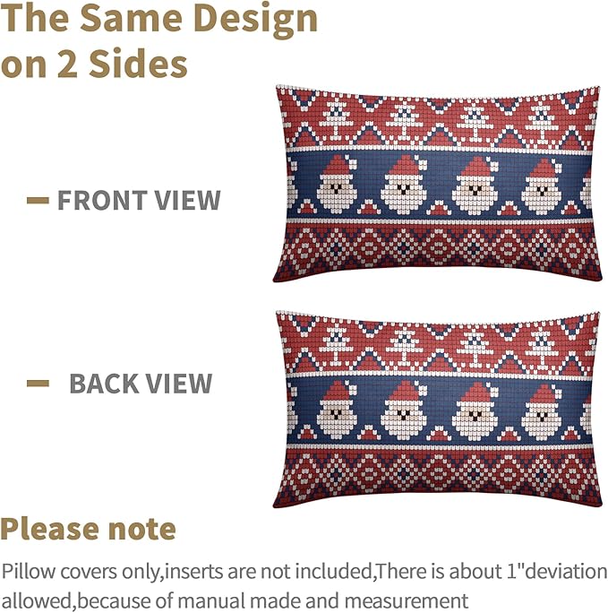 Dark Blue Red Christmas Lumbar Pillow Covers 12x20 Set of 2 Xmas Santa Tree Pattern Decorative Outdoor Farmhouse Pillowcases Decorations Winter Holiday Throw Cushion Cover Decor for Couch Sofa Bed
