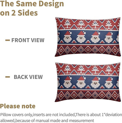 Dark Blue Red Christmas Lumbar Pillow Covers 12x20 Set of 2 Xmas Santa Tree Pattern Decorative Outdoor Farmhouse Pillowcases Decorations Winter Holiday Throw Cushion Cover Decor for Couch Sofa Bed