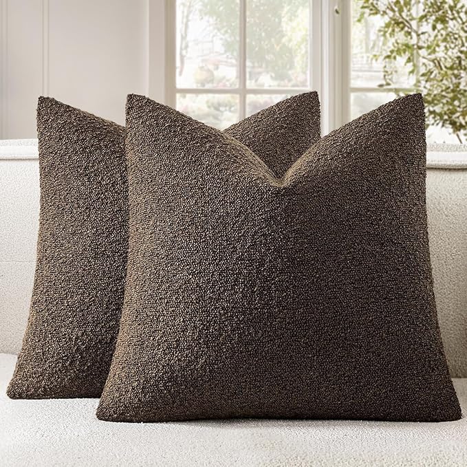 Woaboy Pack of 2 18x18 Inch Decorative Boucle Throw Pillow Covers Textured Square Pillowcaes Accent Solid Cozy Soft Cushion Covers Home Decor for Sofa Couch Living Room Home Decor,Chocolate
