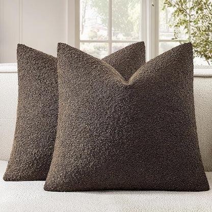 Woaboy Pack of 2 20x20 Inch Decorative Boucle Throw Pillow Covers Textured Square Pillowcaes Accent Solid Cozy Soft Cushion Covers Home Decor for Sofa Couch Living Room Home Decor,Chocolate