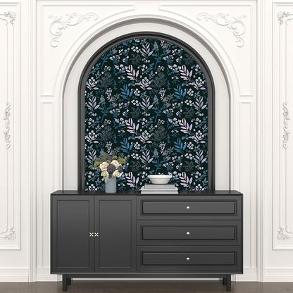 Vintage Blue Wallpaper Peel and Stick Dark Pink Floral Wallpaper 17.5'' x 118'' Dark Blue Leaf Contact Paper Vinyl Waterproof Self Adhesive Boho Botanical Wall Paper for Bedroom Cabinet Décor