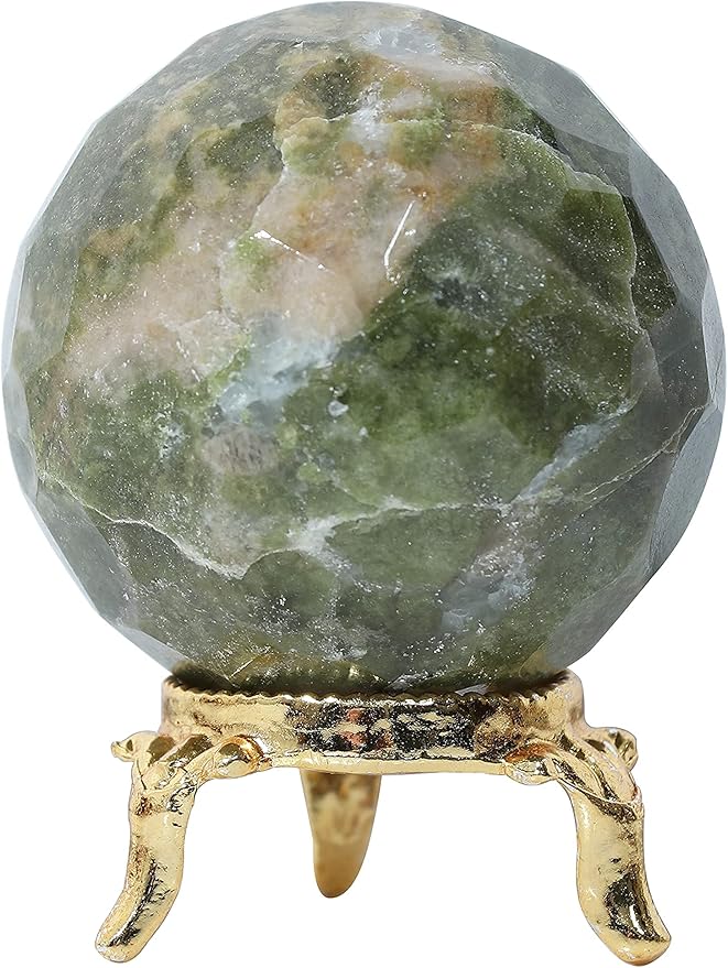 Crocon 50mm Vesuvianite diamond cut Stone sphere Ball with Metal Stand 1400+ Carats Gemstone Ball Healing ornament rock Sphere Sculpture Figurine for Fengshui Divination Crystal Home Decor Photography