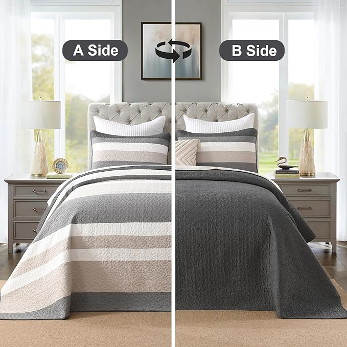 Finlonte 100% Cotton Oversized King Quilt 128"x120", Extra Large Cal King Bedspread, Modern Striped Bed Spreads Coverlet, Lightweight Reversible Yarn Dyed Quilted Bedding, 3 Piece, Gray/White