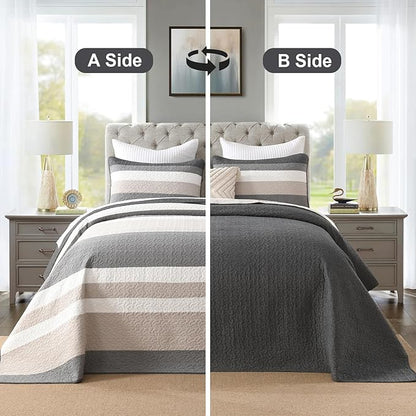 Finlonte 100% Cotton Oversized King Bedspread 120"x120", Extra Large Quilt, Modern Striped Bed Spreads Coverlet, Lightweight Reversible Yarn Dyed Quilted Bedding, 3 Piece, Gray/White