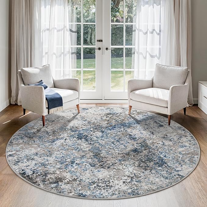 5ft Round Area Rug for Living Room- 5x5 Washable Neutral Abstract Rug for Bedroom Modern Soft Dining Room Rug No Slip Low Pile Carpet for Nursery Home Office Decor - Grey/Blue