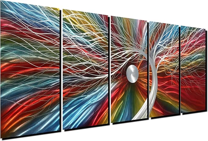 Metal Wall Art with Colorful Fantastic Tree Design, Abstract Modern and Contemporary Décor, Handcrafted Metal Wall Sculpture, Unique Aluminum Artwork, Indoor and Outdoor decoration, 5 panels 64"x24"