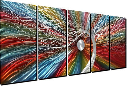 Metal Wall Art with Colorful Fantastic Tree Design, Abstract Modern and Contemporary Décor, Handcrafted Metal Wall Sculpture, Unique Aluminum Artwork, Indoor and Outdoor decoration, 5 panels 64"x24"