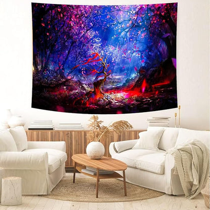 Delur Fantasy Forest Tapestry Enchanted Magical Fairy Tale Tree of Life Wall Hanging Tapestry Mystical Psychedelic Landscape Nature Headboard for Bedroom Living Room Home Decor (51.2" x 59.1")