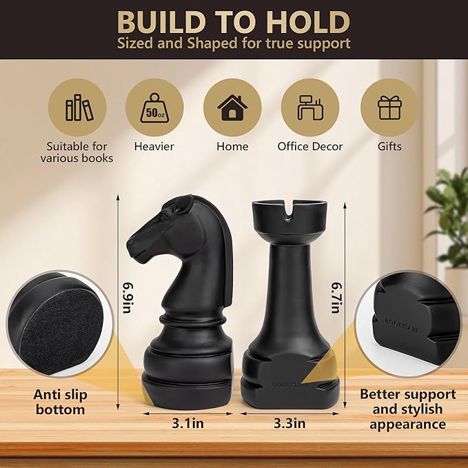 Chess Book Ends for Shelves – Elegant Decorative Bookends for Heavy Books, Office & Living Room Decor – Modern Shelf Organizer and Gift for Book Lovers (Matte Black, Arabian Mate)