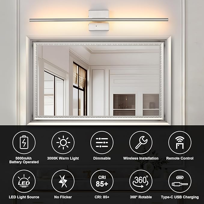 Battery Operated Wall Sconces Set of 2, Dimmable Battery Wall Sconce with Remote Control, Sand-Nickel LED Rechargeable Sconces, 24 Inch Modern Wireless Wall Lights for Bedroom, Living Room