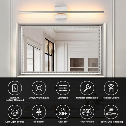 Battery Operated Wall Sconces Set of 2, Dimmable Battery Wall Sconce with Remote Control, Sand-Nickel LED Rechargeable Sconces, 24 Inch Modern Wireless Wall Lights for Bedroom, Living Room