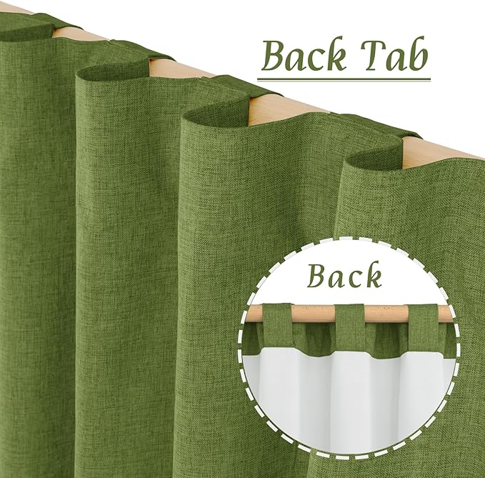 LAMIT 100% Blackout Olive Green Linen Curtains, 63 Inches Linen Textured Thermal Bedroom Drapes Back Tab and Rod Pocket Christmas Panels with White Liner for Living Room, 2 Panels, 52 x 63 Inch