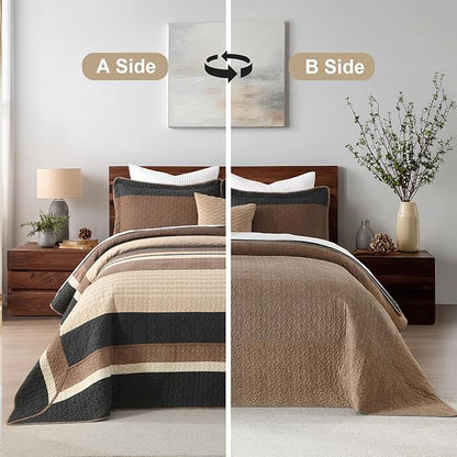 Finlonte Bedspread King Size 100% Cotton Oversized King Size Bedspreads Charcoal Brown Beige California King Quilted Bed Spread Striped Farmhouse Lightweight Soft Bedding Sets for All Season, 3 Piece
