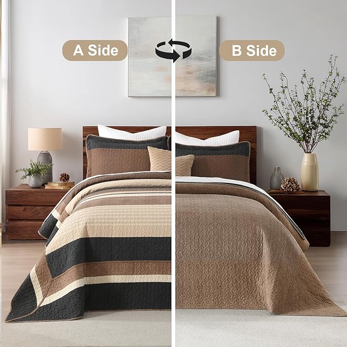 Finlonte Bedspread King Size 100% Cotton Oversized King Size Bedspreads Charcoal Brown Beige Extra Super King Quilted Bed Spread Striped Farmhouse Lightweight Soft Bedding Set for All Season, 3 Piece