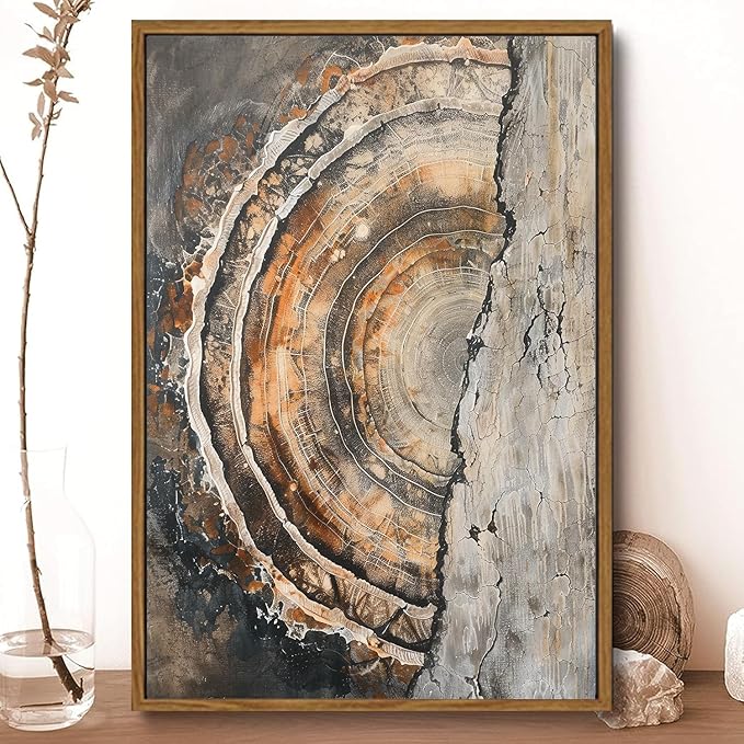 IBHJSART Framed Tree Ring Canvas Wall Art Vintage Colorful Wood Stump Painting Prints Modern Minimalist Pictures Neutral Nature Rustic Farmhouse Decor Living Room Bedroom Bathroom Office