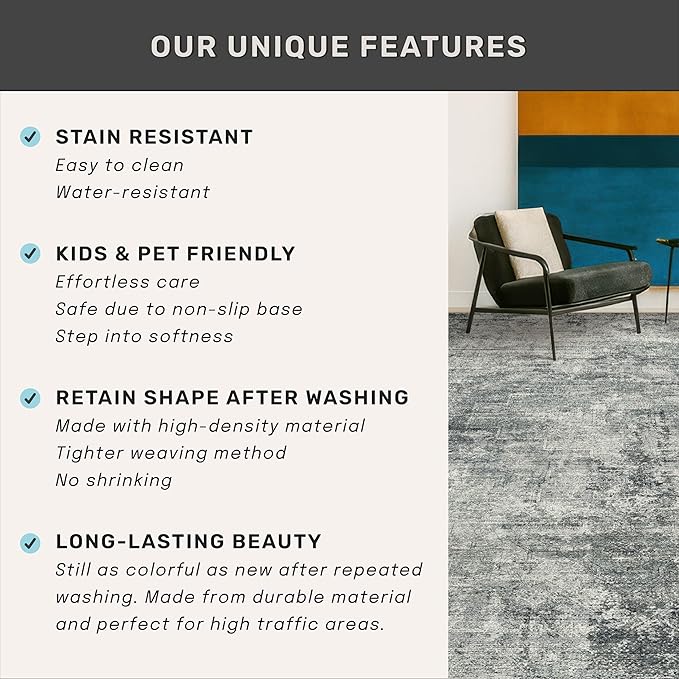 2x6 Hallway Runner Rugs Non Slip, Washable Dark Blue and Gray Rug for Kitchen, Bathroom, Entryway, Non Skid with Rubber Backing, Low Pile Soft Vintage Home Décor