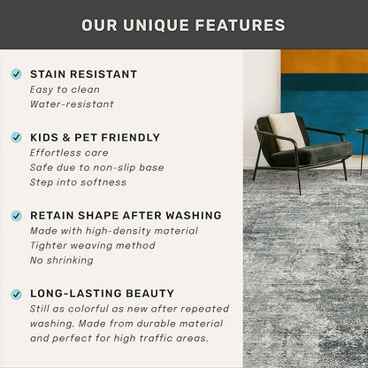 2x6 Hallway Runner Rugs Non Slip, Washable Dark Blue and Gray Rug for Kitchen, Bathroom, Entryway, Non Skid with Rubber Backing, Low Pile Soft Vintage Home Décor