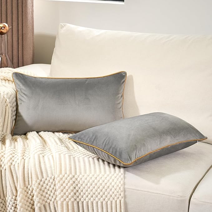 Aeckself Pack of 2 Luxury Velvet Gray Lumbar Pillow Covers 12 x 20 Inch, Modern Decorative Pillowcase with Gold Trim Edge, Comfortable Soft Solid Cushion Case for Couch Bedroom Living Room