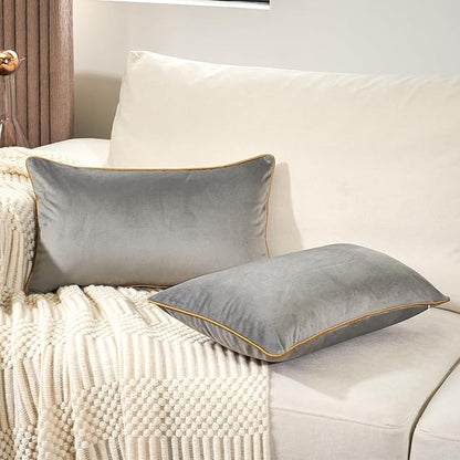 Aeckself Pack of 2 Luxury Velvet Gray Lumbar Pillow Covers 12 x 20 Inch, Modern Decorative Pillowcase with Gold Trim Edge, Comfortable Soft Solid Cushion Case for Couch Bedroom Living Room
