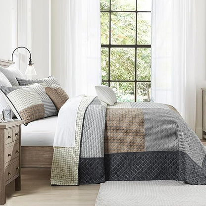 Oversized Quilt Bedspread 120"x120", 100% Cotton Patchwork King Bedspreads Coverlet Set with Pillow Shams, Lightweight Quilted Farmhouse Bedding Cover, Brown/Beige/Gray