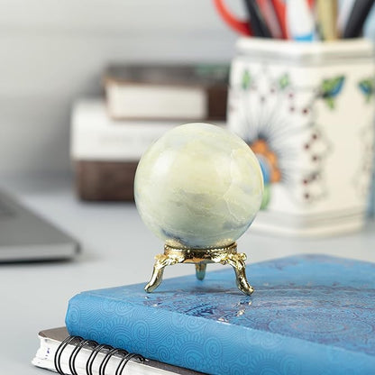 Crocon Serpentine Stone Sphere Ball with Metal Stand - 1400+ Carats Healing Sphere Sculpture for Fengshui, Home Decoration, Photography