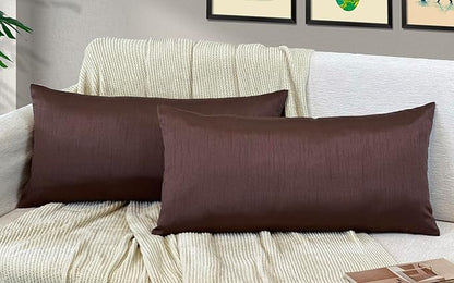 Aiking Home 12x24 Inches Faux Silk Rectangular Throw Pillow Cover, Zipper Closure, Brown (Set of 2)
