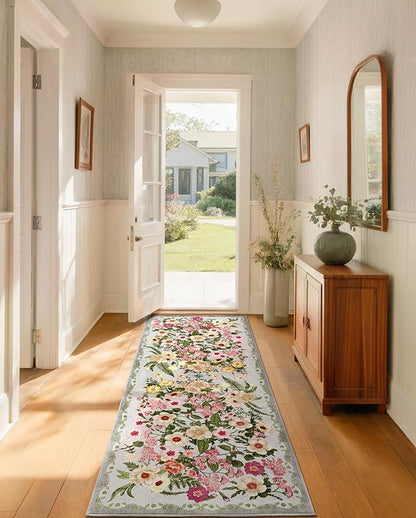 Floral Runner Rug 2x6 - Washable Vintage Kitchen Rug Low Pile Non-Slip Carpet for Entryway Hallway, Laundry, Bedroom - Soft, Stain Resistant Indoor Area Rug - Grey