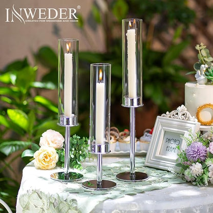 Silver Candle Holders for Candlesticks - Taper Candle Holders with Removable Glass, Tall Silver Candlestick Holders, Candle Stand Candle Sticks Long Holder for Table Centerpiece, Home, 30Pcs
