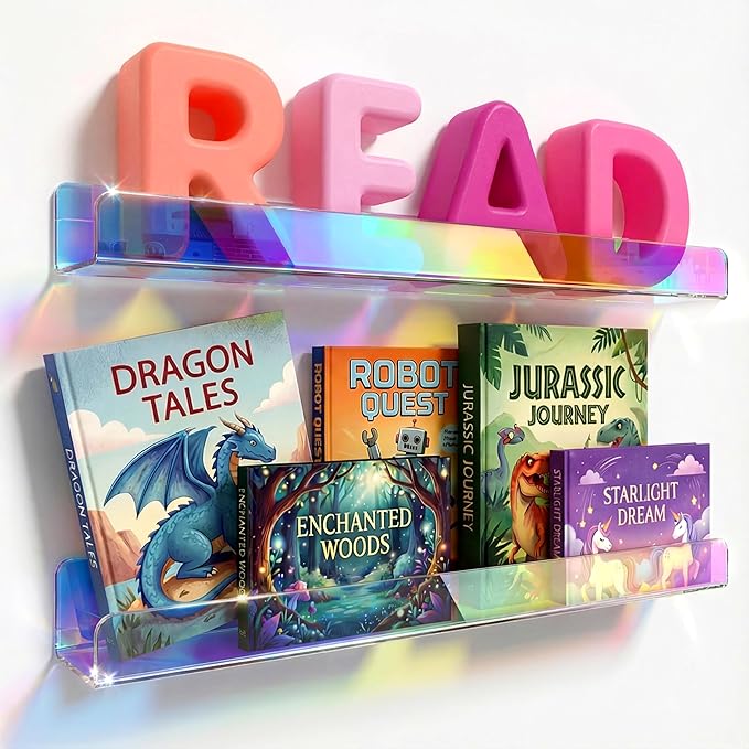 24 inches Iridescent Acrylic Bookshelf for Kids, Wall Mounted Kids Display Book Shelves for Room Nursery Toddler Classroom (2 Packs)
