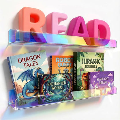24 inches Iridescent Acrylic Bookshelf for Kids, Wall Mounted Kids Display Book Shelves for Room Nursery Toddler Classroom (2 Packs)