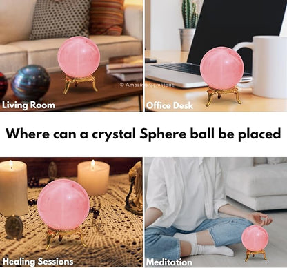 Amazing Gemstone Star Rose Quartz Crystal Ball with Stand - 1.5 Inches Crystal Sphere Meditation Balls for Witchcraft and Decorative Balls