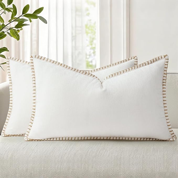 decorUhome Spring Chenille Soft Throw Pillow Covers 12x20 Set of 2, Lumbar Velvet Farmhouse Neutral Decorative Pillow Covers with Stitched Edge for Couch Sofa Bed Home Decor, Cream White