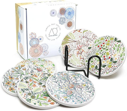 AD Set of 6 Coasters for Drinks Absorbing Round Ceramic Stone Coaster with Cork Base,Tabletop Protection Mat for Mugs and Cups,Office,Kitchen (Bontanicals with Holder)