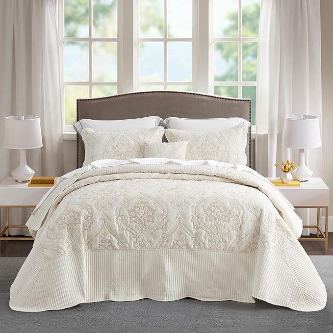 CHIXIN Bedspread Coverlet Quilt Set Full Size - Lightweight Bedding Cover - Beautiful Stitching - 5 Piece Reversible Bedspread - Gorgeous Damask Paisley Pattern (Full, Ivory-Yellow)