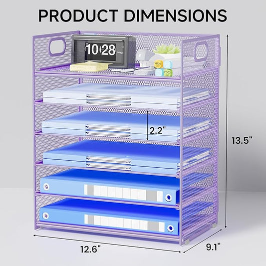 Purple Paper Organizer for Desk with Handle, 6-Tier Metal Mesh File Organizer | Stackable Desktop Organizer for Office Supplies & Stationery Storage