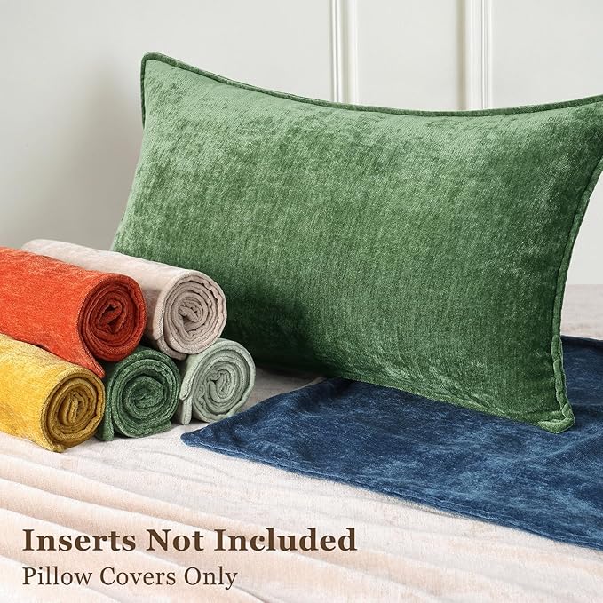 decorUhome Spring Couch Throw Pillow Covers 20x20 Set of 2, Decorative Soft Velvet Neutral Chenille Pillow Covers with Elegant Design for Sofa Bed Living Room Home Decor, Moss Green