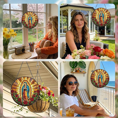 Rngmsi Virgen De Guadalupe Stained Glass Window Hanging, Christian Gifts Sun Catcher Housewarming, Decorative Suncatchers Religious Gifts for Wall Art Landscape Home Decor 8 Inch