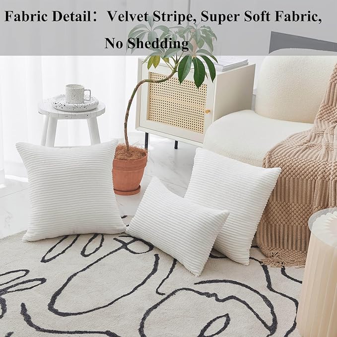Home Brilliant White Euro Shams Set of 2 24x24 Throw Pillow Covers Spring Decoration Striped Velvet Corduroy Euro Throw Pillow Sham Couch Cushion Cover for Teen Girls, 24 x 24 inch, Creamy White