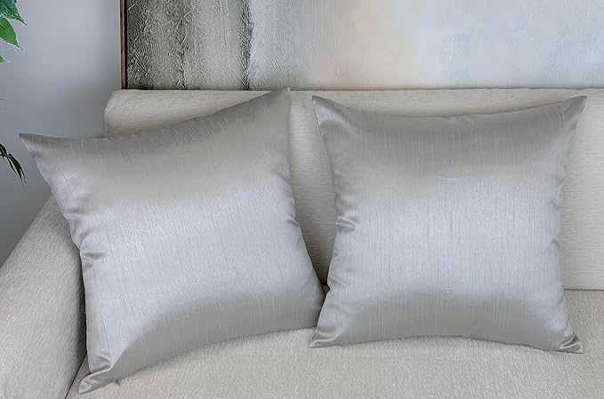 Aiking Home Collection 18x18 Inches Faux Silk Square Throw Pillow Cover, Zipper Closure, Silver (Set of 2)