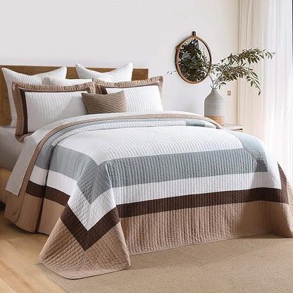 SahSahCasa 100% Cotton 120"x120" Oversized California King Bedspread Coverlet Quilt Set, Cal King Quilted Bedspread Extra Large Reversible XL Bed Spread Lightweight Comforter, Brown/Gray/White