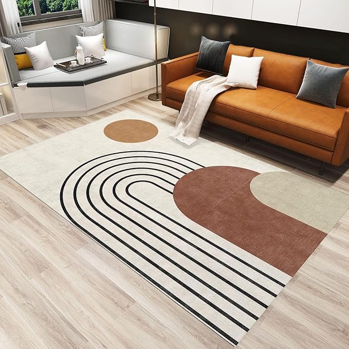 Mid Century Geometry Boho Sun Area Rug,Minimalism Black Stripe Art Large Rugs, Indoor Non-Slip Kids Rugs, Machine Washable Breathable Durable Carpet for Front Entrance Floor Decor,5 x 6ft