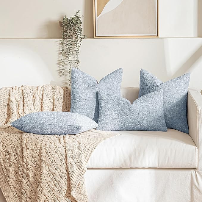 MIULEE 20x20 Inch Decorative Pillow Covers for Couch Bed Set of 2 Textured Boucle Neutral Winter Throw Pillows Light Blue Accent Solid Cushion Pillowcases Sofa Livingroom Home Decor
